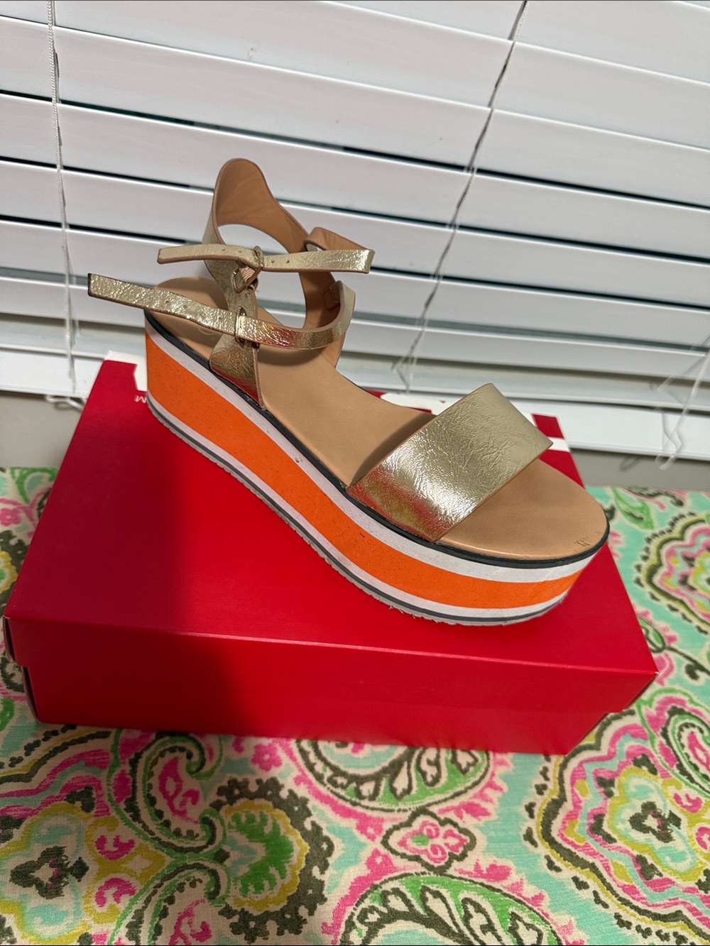 Metallic Gold Platform Sandal with Orange Accent